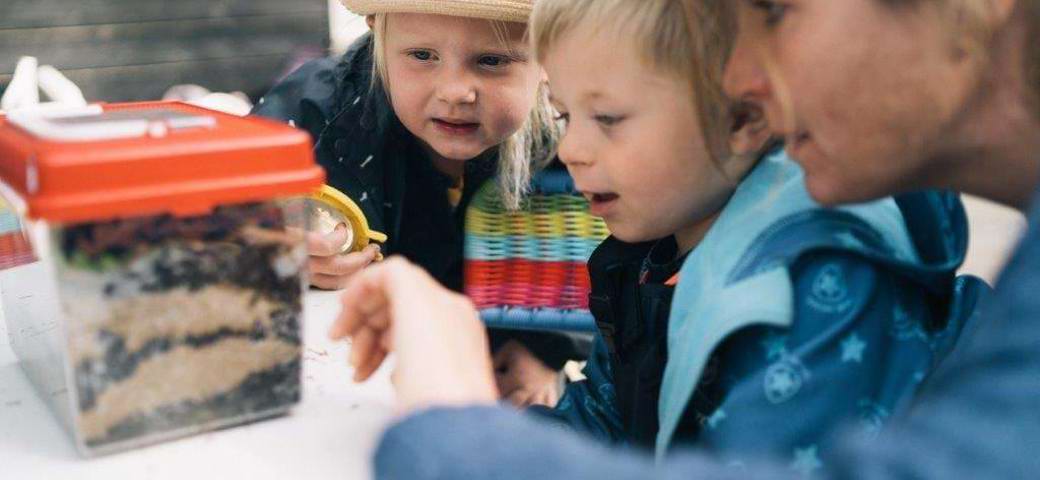 Pædagog og to børn kigger på insekter i en kasse